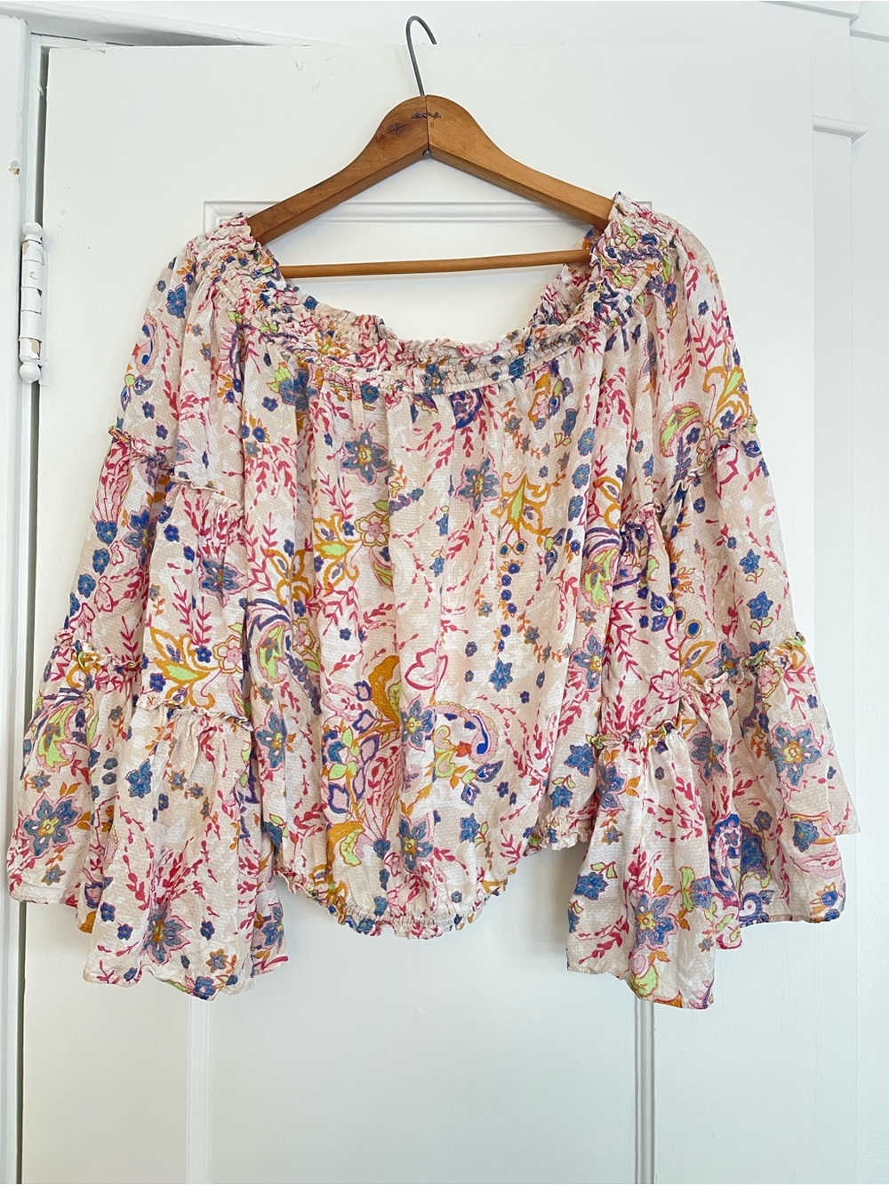 Free People Multi-Color Floral Off-the-Shoulder and Bell Sleeves | M